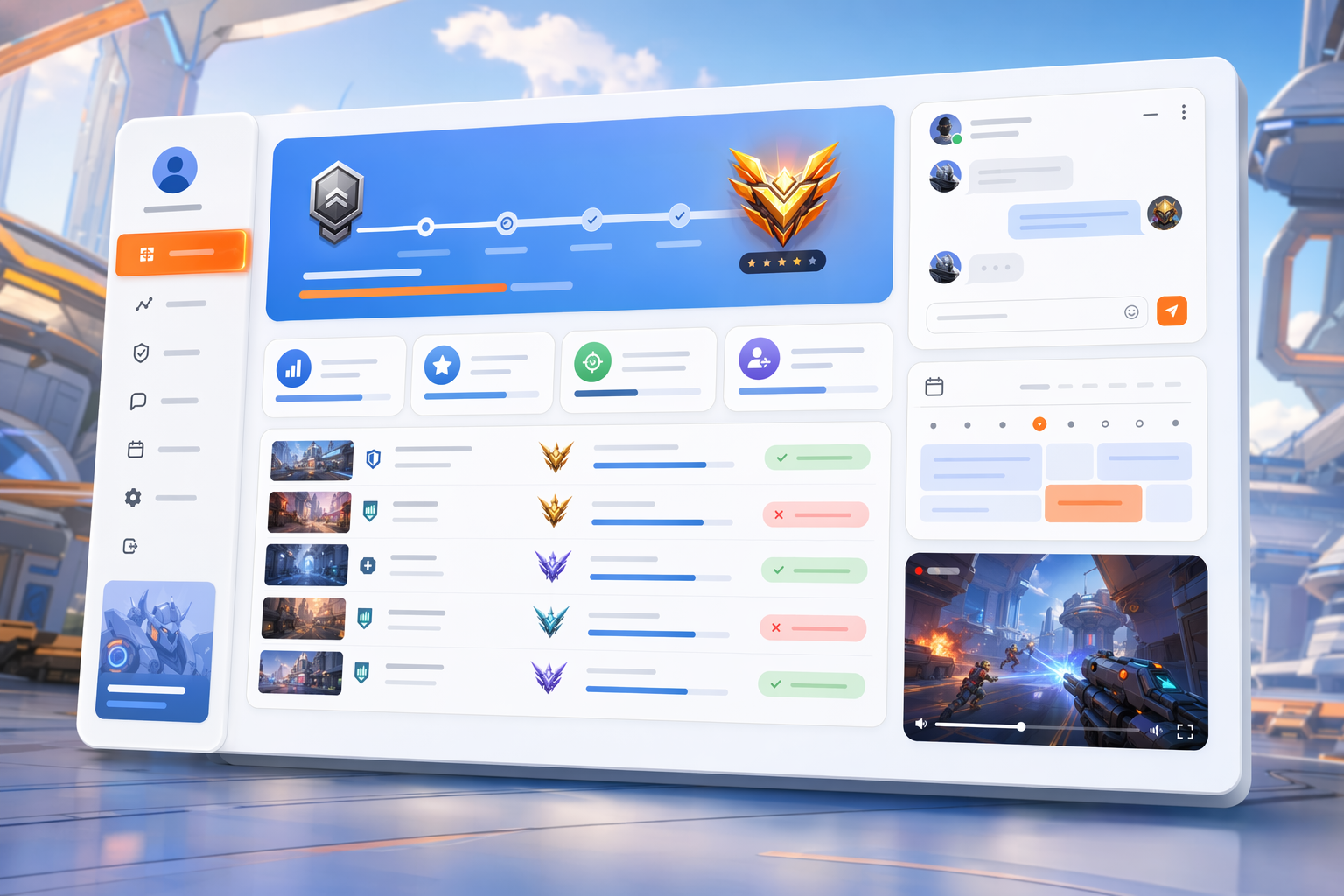 Illustration of order tracking with rank progress, match history and booster chat